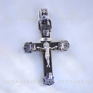 Малый золотой крест с распятием из дерева Эбен и белого золота с чернением (Вес 11 гр.)