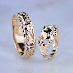 Ирландские кладдахские кольца из красного золота мужское с чёрными бриллиантами (Вес пары: 11 гр.)