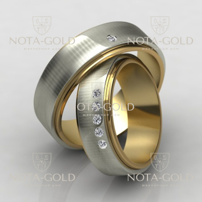 Двухцветные широкие обручальные кольца с бриллиантами на заказ (Вес пары: 14 гр.)
