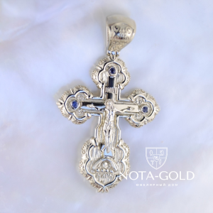 Православный большой серебряный крестик с позолотой, фианитами и узорами авторского дизайна (Вес: 18 гр.)