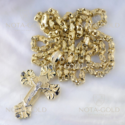 Нательный крест из жёлто-белого золота с бриллиантами на цепочке плетение Краб Малый (Вес: 51,5 гр.)