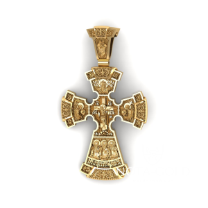 Серебряный крест с позолотой, узорами и ликами Святых - Господь Вседержитель, Архангелы Гавриил и Михаил, Иисус Христос, Архиепископы Василий Великий, Иван(Иоанн) Златоуст, Григорий Богослов, Ангел Серафим с молитвой Богу единому и Кресту животворящему (В