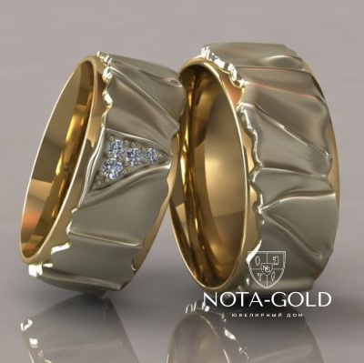Фактурные двухцветные обручальные кольца с бриллиантами с оплавленной пластиной на заказ (Вес пары: 22 гр.)
