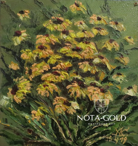 Картина маслом на холсте - Букет жёлтых цветов 32x33 см