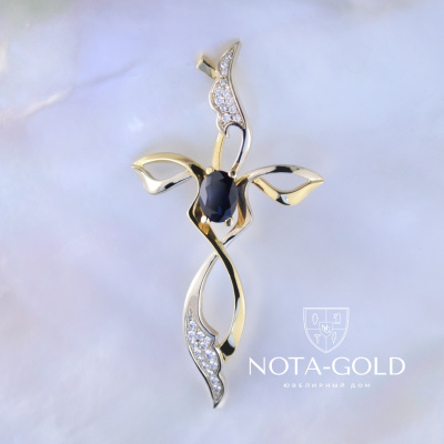 Эксклюзивный крест из жёлтого золота с крупным сапфиром и бриллиантами (Вес: 7,5 гр.)