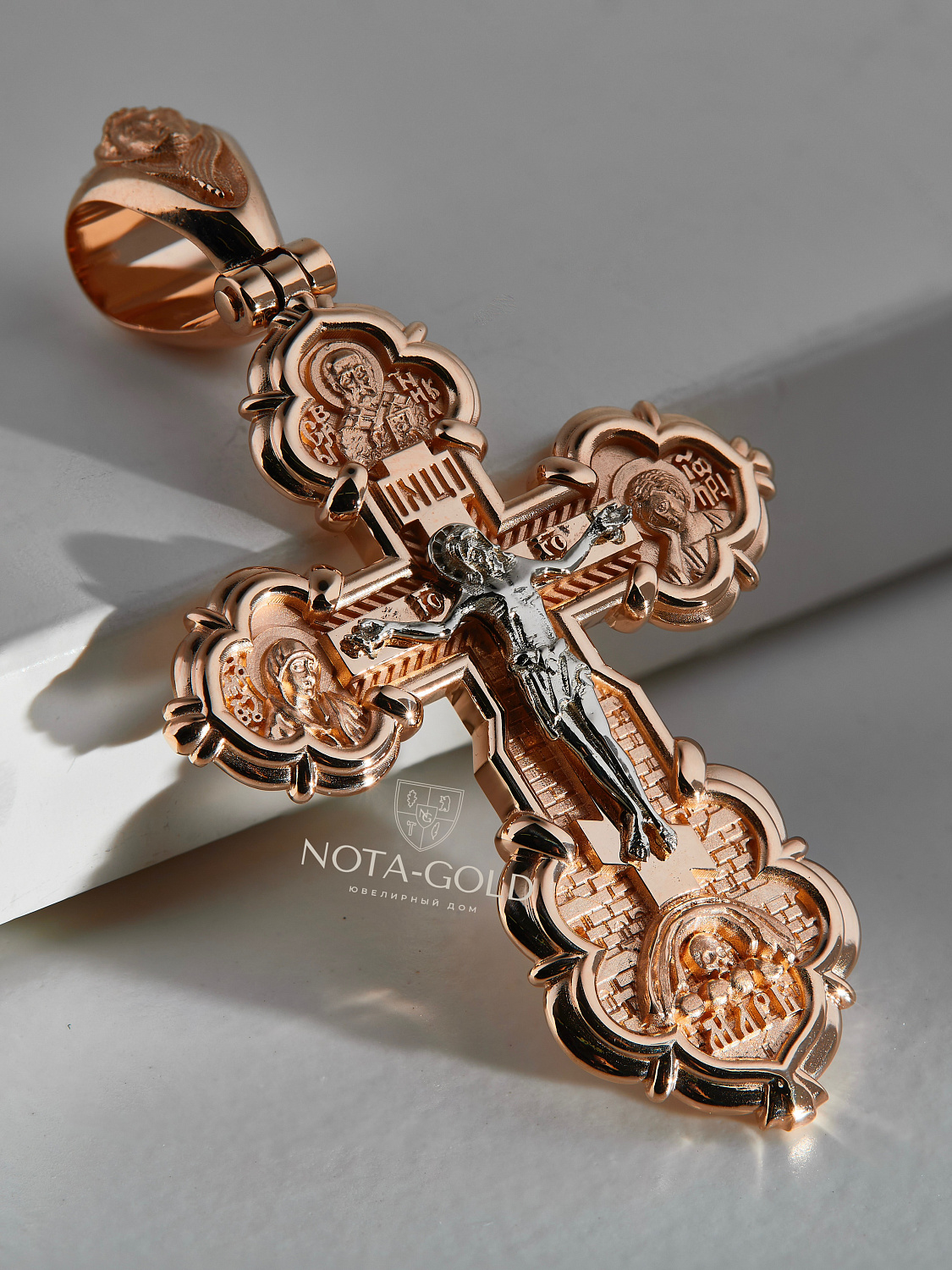 Православный крест Спаси и сохрани из красного золота с распятием