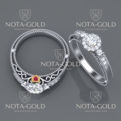Помолвочное кольцо из белого золота с бриллиантами 0,43 карат и рубином в сердечке на заказ  (Вес: 4 гр.)