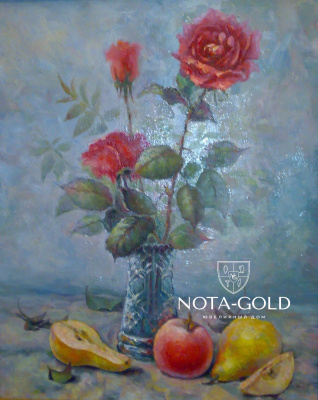 Картина натюрморт с фруктами маслом на холсте - яблоки, груши и цветы розы в вазе 50x40 см
