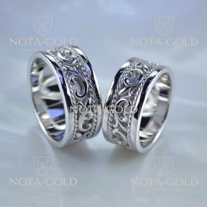 Обручальные кольца с вензелями в виде лилий из белого золота (Вес пары: 21,5 гр.)