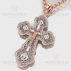Большой мужской крест из красного золота с ажурной накладкой без камней (Вес: 22 гр.)