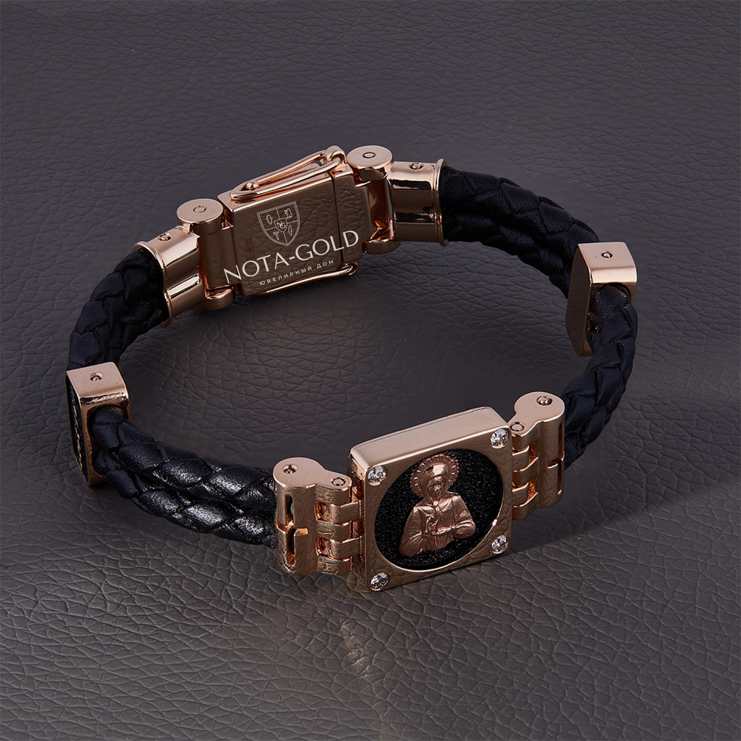 Мужской православный кожаный браслет с золотыми вставками и бриллиантами