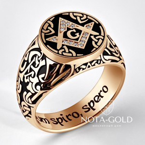 Золотая печатка с бриллиантами, чернением и гравировкой символики (Вес 22 гр.)