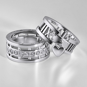 Обручальные кольца из белого золота с бриллиантами, подвеской сердечко, римскими цифрами и гравировкой (Вес 10,1 гр.)