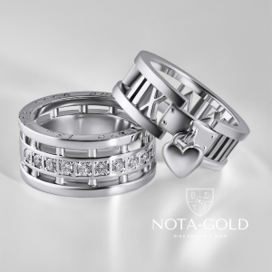 Обручальные кольца из белого золота с бриллиантами, подвеской сердечко, римскими цифрами и гравировкой (Вес 10,1 гр.)