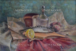 Картина натюрморт маслом на холсте - селёдка, водка, картошка, лимон и чёрный хлеб 40x60 см