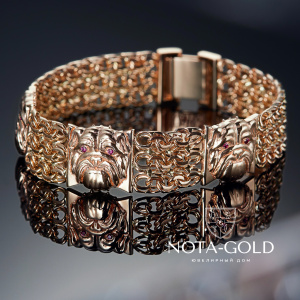 Широкий золотой браслет плетения Бисмарк со вставками бульдоги с рубинами (Вес 65,3 гр.)