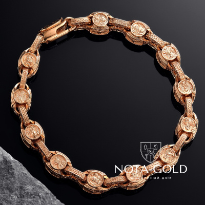 Золотой мужской браслет с ликами святых и гравировкой Спаси и сохрани на замке и звеньях (Вес 58,5 гр.) 