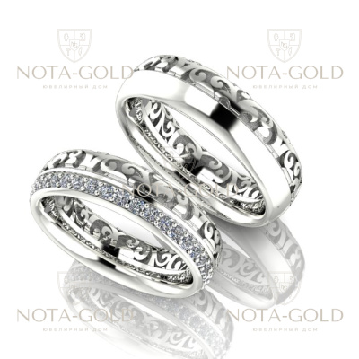 Обручальные кольца Бисквит из белого золота с бриллиантами и орнаментом (Вес пары: 12,5 гр.)