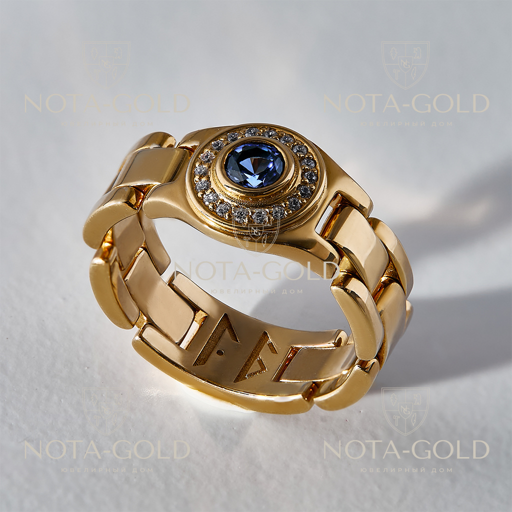 Подвижное мужское кольцо - печатка браслетного типа из золота с сапфиром ибриллиантами (Вес: 15 гр.)