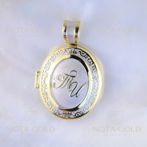 Кулон-медальон из жёлтого золота с фотографией, инициалами и Казанской иконой Божией Матери (Вес: 18,5 гр.)