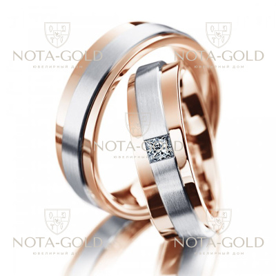 Двухцветные обручальные кольца с бриллиантом принцесса на заказ (Вес пары: 15 гр.)