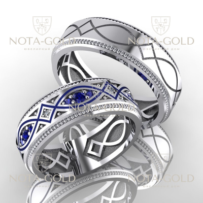 Обручальные кольца Элеганс с бриллиантами, сапфирами и эмалью из белого золота (Вес пары: 12,5 гр.)