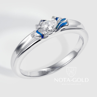 Кольцо Рыбка с бриллиантом огранки Сердце из белого золота с эмалью (Вес 2,9 гр.)