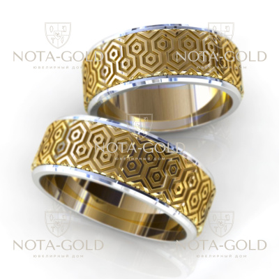 Обручальные кольца Магнит жёлто-белого золота с узором (Вес пары 14,7 гр.)