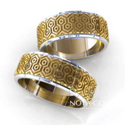 Обручальные кольца Магнит жёлто-белого золота с узором (Вес пары 14,7 гр.)