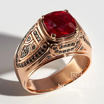 Кольцо с Рубином и чёрными бриллиантами (Вес: 16,5 гр.)