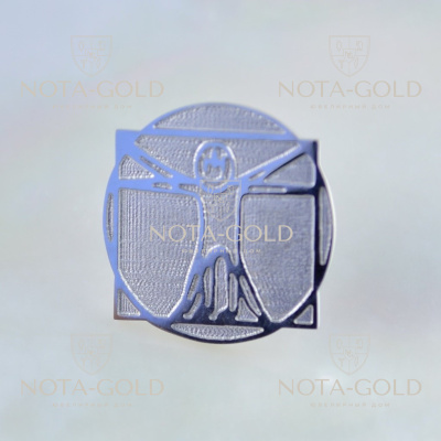 Золотой значок Витрувианский человек на заказ из белого золота с логотипом компании (Вес 2 гр.)