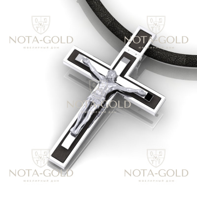 Православный крест из белого золота с распятием и чёрным ониксом (Вес: 11 гр.)