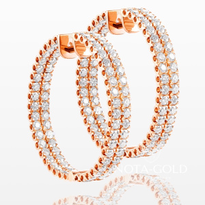 Женские серьги кольца из красного золота с двойной дорожкой бриллиантов (Вес 11 гр.)