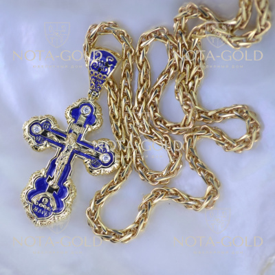 Золотая цепочка Колос с крестиком с синей эмалью и бриллиантами (Вес: 73 гр.)