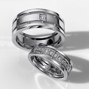 Широкие составные обручальные кольца из белого золота с бриллиантами (Вес: 33,5 гр.)