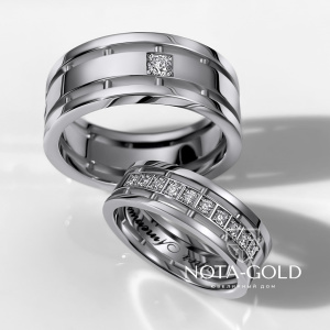 Широкие составные обручальные кольца из белого золота с бриллиантами (Вес: 33,5 гр.)