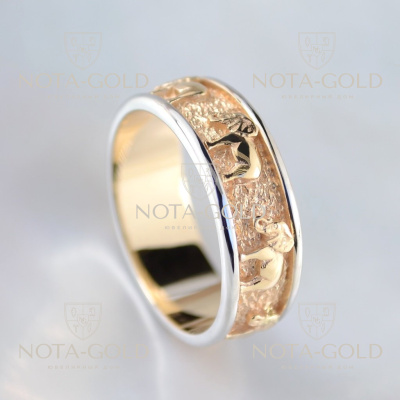 Мужское золотое кольцо со слонами из красно-белого золота (Вес: 7,5 гр.)