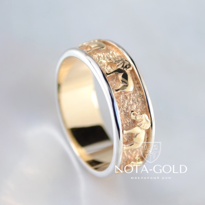 Мужское золотое кольцо со слонами из красно-белого золота (Вес: 7,5 гр.)