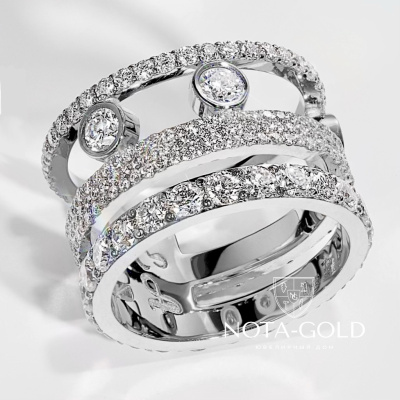 Широкое тройное кольцо из белого золота с бриллиантами (Вес 11 гр.)