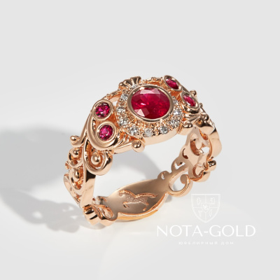Женское ажурное кольцо из красного золота с рубинами и бриллиантами (Вес 4,2 гр.)
