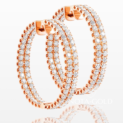 Женские серьги кольца из красного золота с двойной дорожкой бриллиантов (Вес 11 гр.)