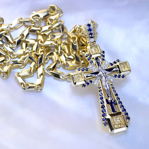 Золотой крест с ликами святых, бриллиантами, сапфирами и эмалью на золотой цепочке плетение Рыбка (Вес: 43 гр.)