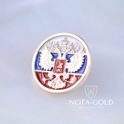 Золотой значок с гербом России на лацкан пиджака с цветной эмалью (Вес: 4,5 гр.)