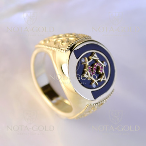 Золотое мужское кольцо-печатка с черным ониксом, первой буквой имени, бриллиантами и рубинами (Вес: 15 гр.)