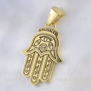 Защитный золотой кулон-амулет Хамса или Рука Фатимы на заказ из жёлтого золота с эмалью и символами (Вес: 10 гр.)