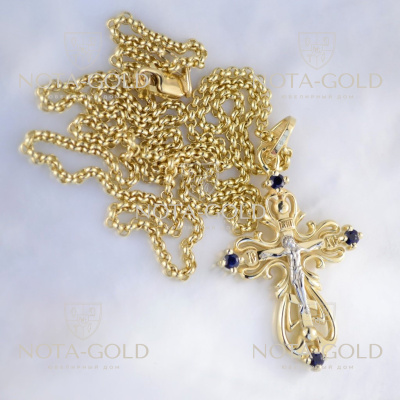 Золотой крестик с сапфирами на цепочке плетение Французское из жёлтого золота (Вес: 16 гр.)