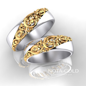 Обручальные кольца Алюр из белого золота с узорчатой вставкой из жёлтого золота (Вес пары: 13 гр.)
