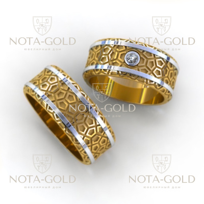 Обручальные кольца Навигатор из жёлто-белого золота с бриллиантом (Вес пары 16,3 гр.)
