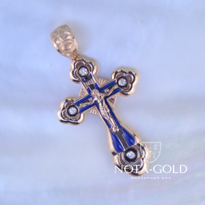 Крест из красного золота с эмалью, бриллиантами и Ангелом Хранителем на ушке (Вес: 9 гр.)