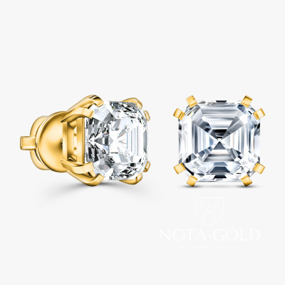 Серьги пусеты из желтого золота с лабораторными бриллиантами огранки Ашер (Вес 3,1 гр.)